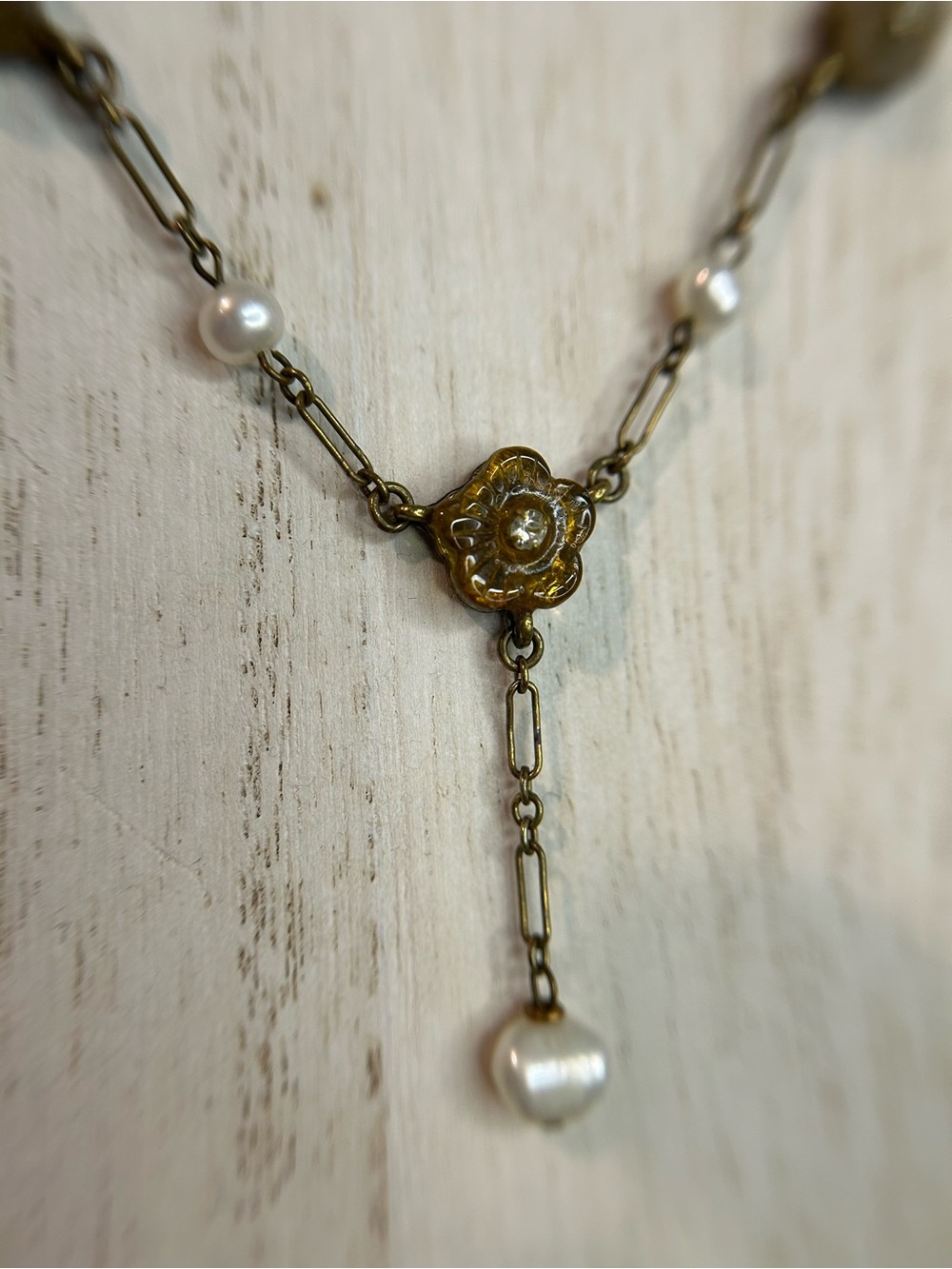 Vintage Gerard Yosca Genuine Pearl Floral Rhinestone Necklace 16"